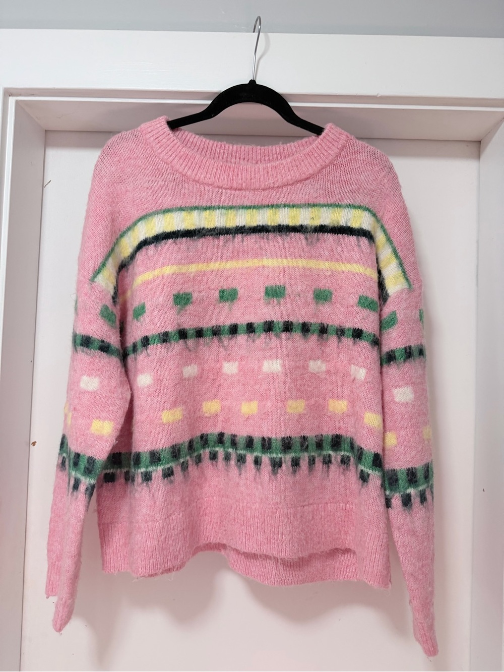 Pink Patterned Crewneck Sweater with Green & Yellow Accents